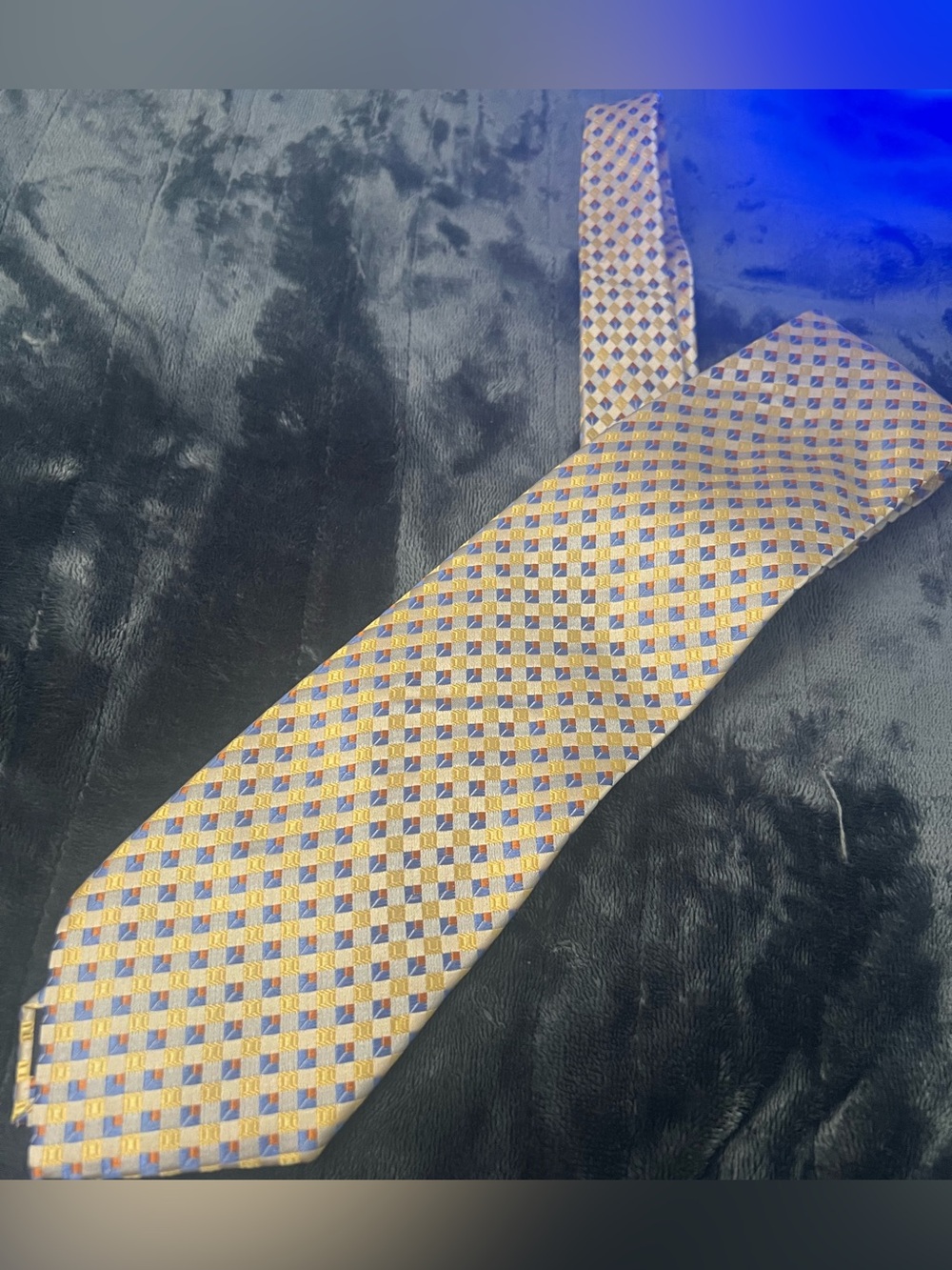 Men's Patterned Yellow and Blue Silk Tie
